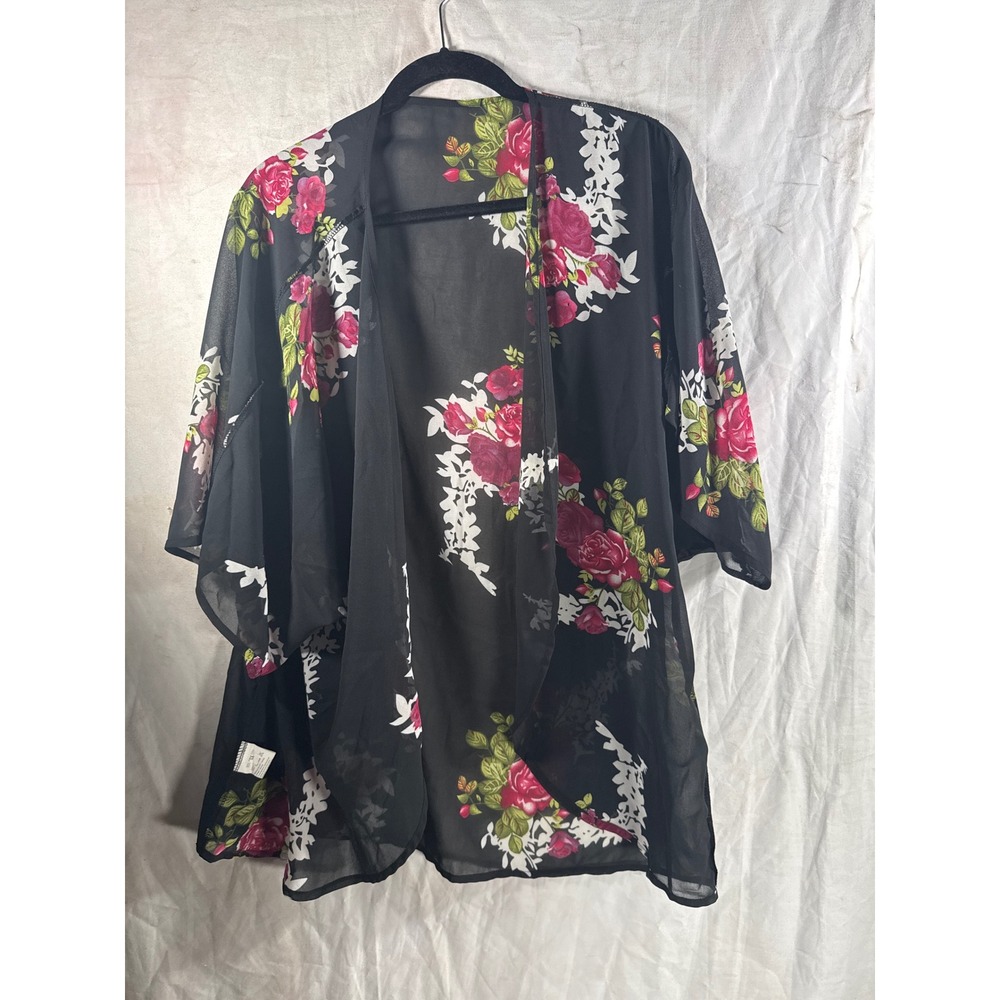 Floral Kimono Wrap Sheer Black Red Rose Print Open Front‎ Cardigan Coverup OS